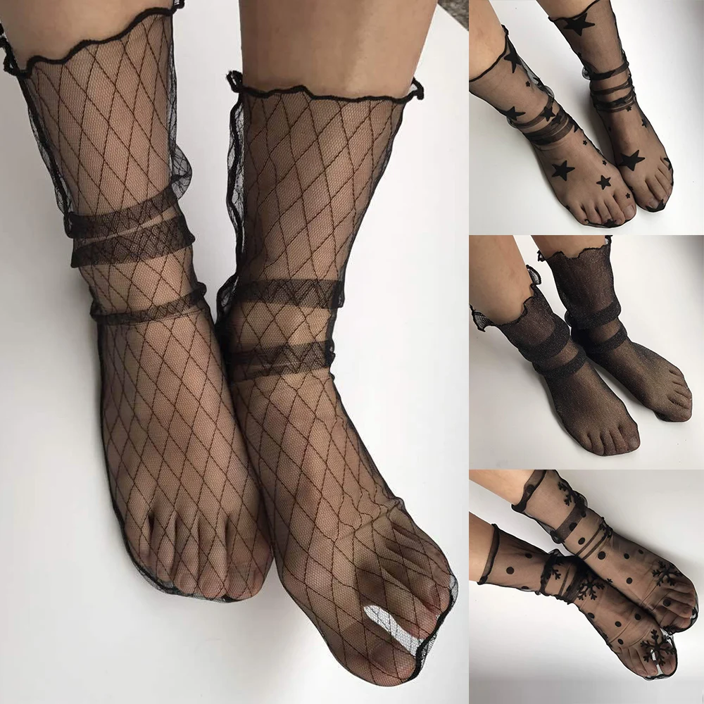 

Summer Fashionable Boat Socks Transparent Ultrathin Hosiery Short Silk Socks Breathable Mesh Hosiery Black Multi Style Calze