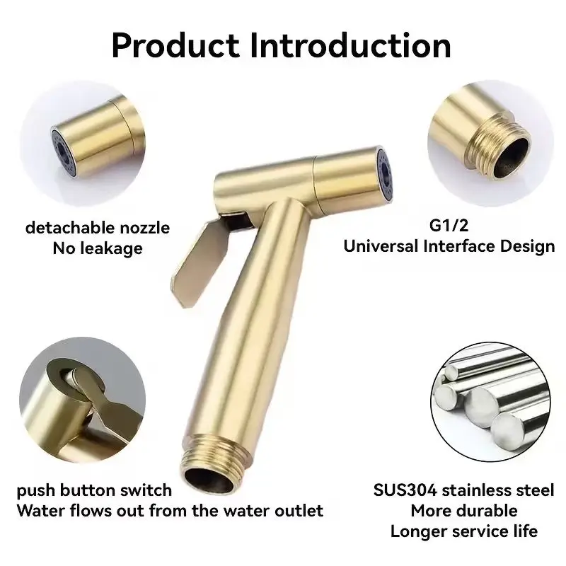 4pcs Stainless Steel Bath Set with High-Pressure Handheld Shower Gun, 2m Retractable Hose & Adjustable Spray Head - Golden