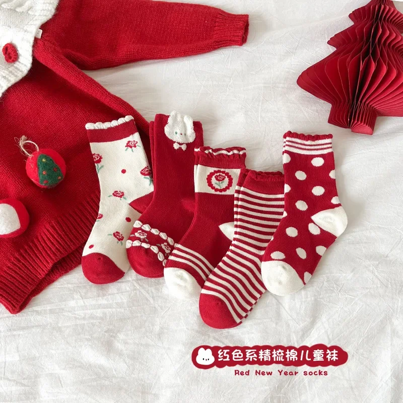 

23Autumn and Winter New Children's Socks Red Christmas Socks Red Cartoon Polka Dot Girl Baby Combed Cotton New Year Socks
