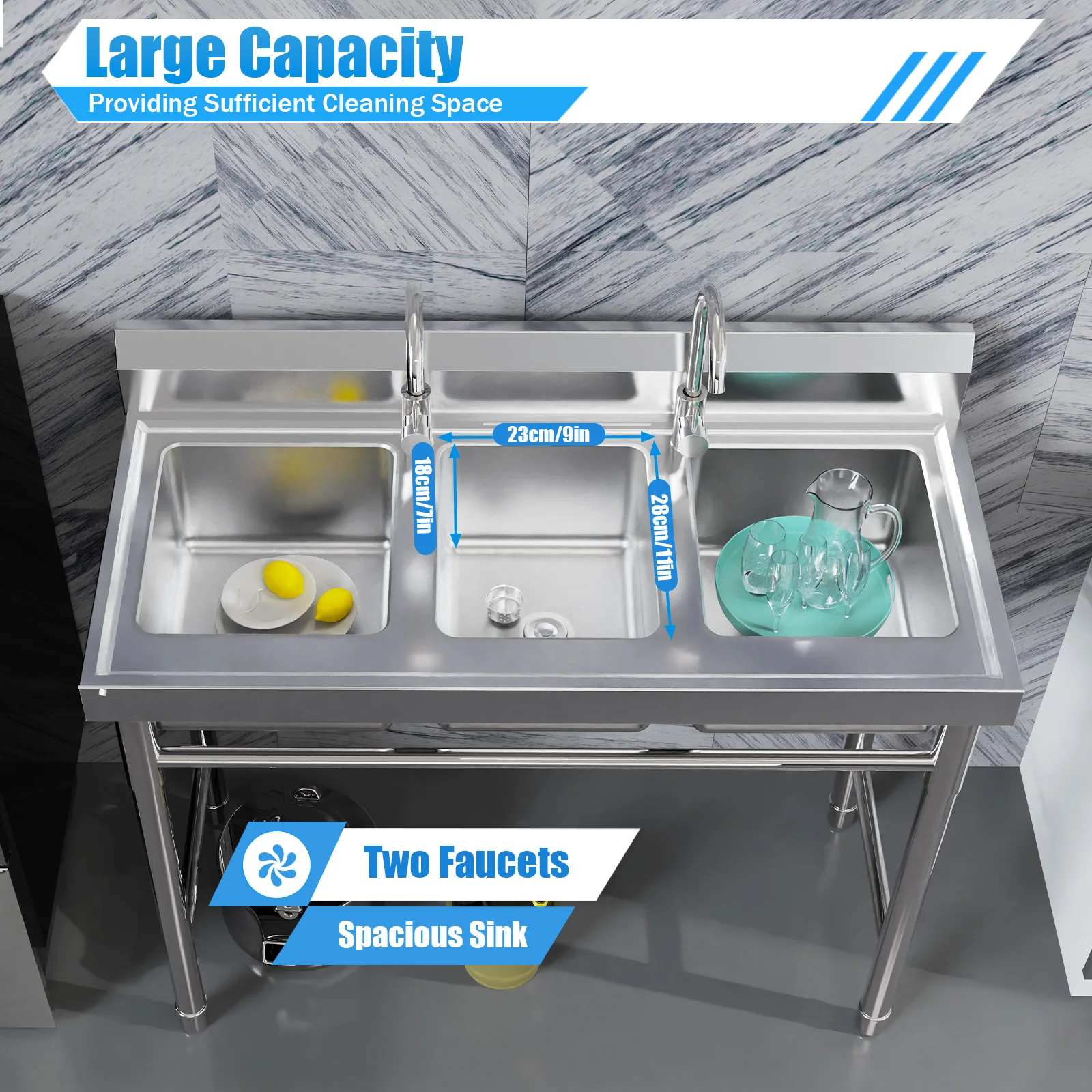 Bymaocar 3-Compartment Public Commercial Stainless Steel Utility Sink,Free Standing High-capacity Laundry Basin with Two Faucets 4