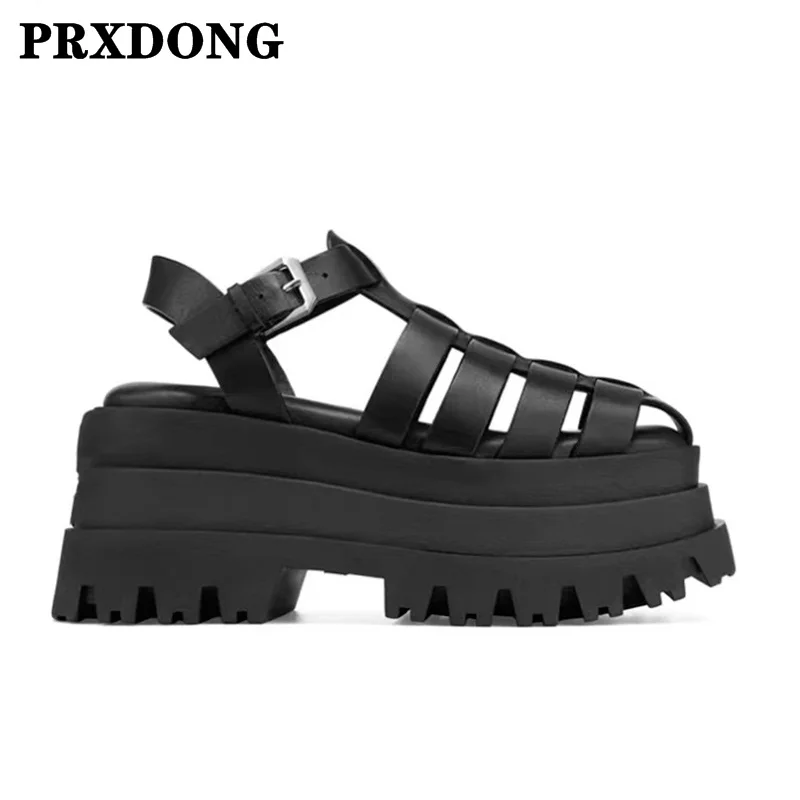 

Punk Women's Sandals Thick High Heels Platform Shoes T-Strap Black White Buckle Ankle Dress Party Casual Female Summer Sandals