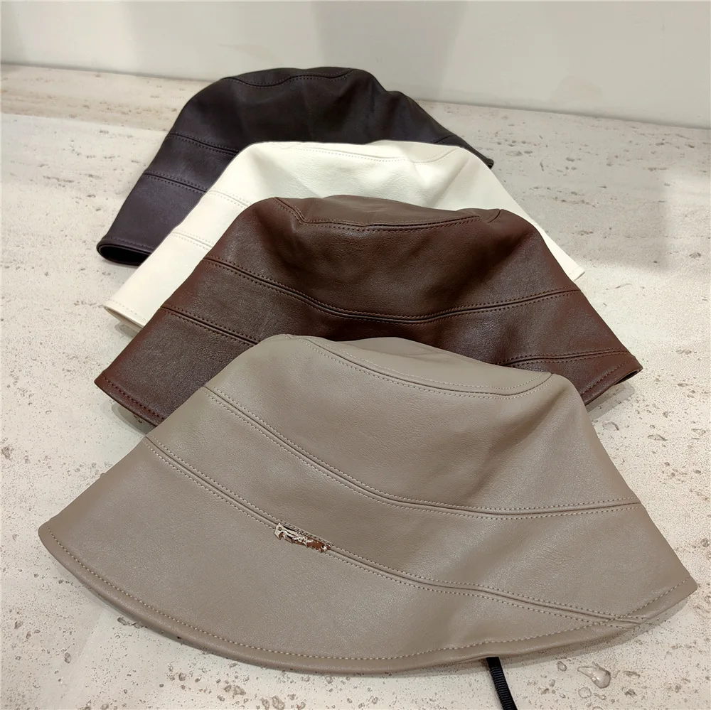 프랑스 PU 가죽 어부 모자, 한국 버전, 일본 디자인, 캐주얼 냄비 모자, 패션 버킷 모자, 2023 신제품 