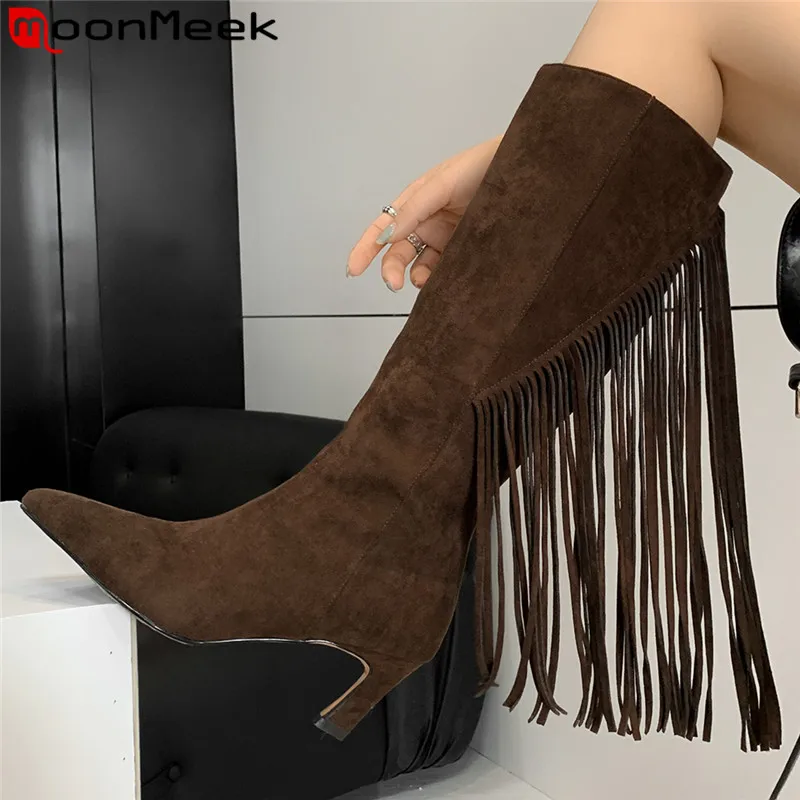 

MoonMeek 2023 New Elegant Pointed Toe Flock Zipper Winter Boots Thin High Heels Boots Fringe Ladies Knee High Boots