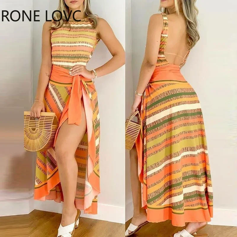 

Women Elegant Tank Striped Backless Smock Skirt Vacation Beach Bikinis Does Set