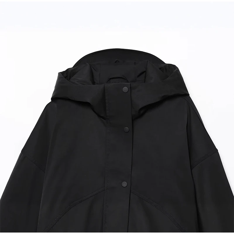 Mode Schwarz Wasserdichte Kapuzenjacke Frauen Volle Hülse Front Zipper Taschen Gestellte Oberbekleidung 2025, Herbst Weibliche Sport Mantel – Detail 8