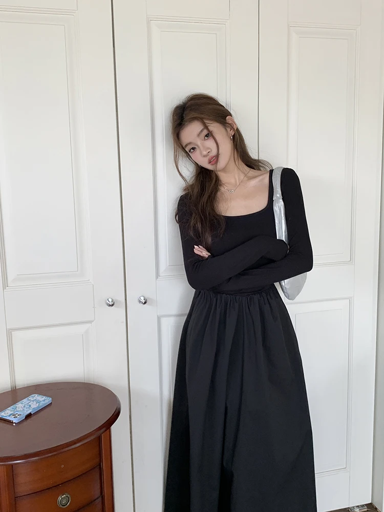 Casual Knitted Midi Dresses for Women Solid Long Sleeves Square Collar A-line Autumn New Elegant Dress Female Slim Vestidos