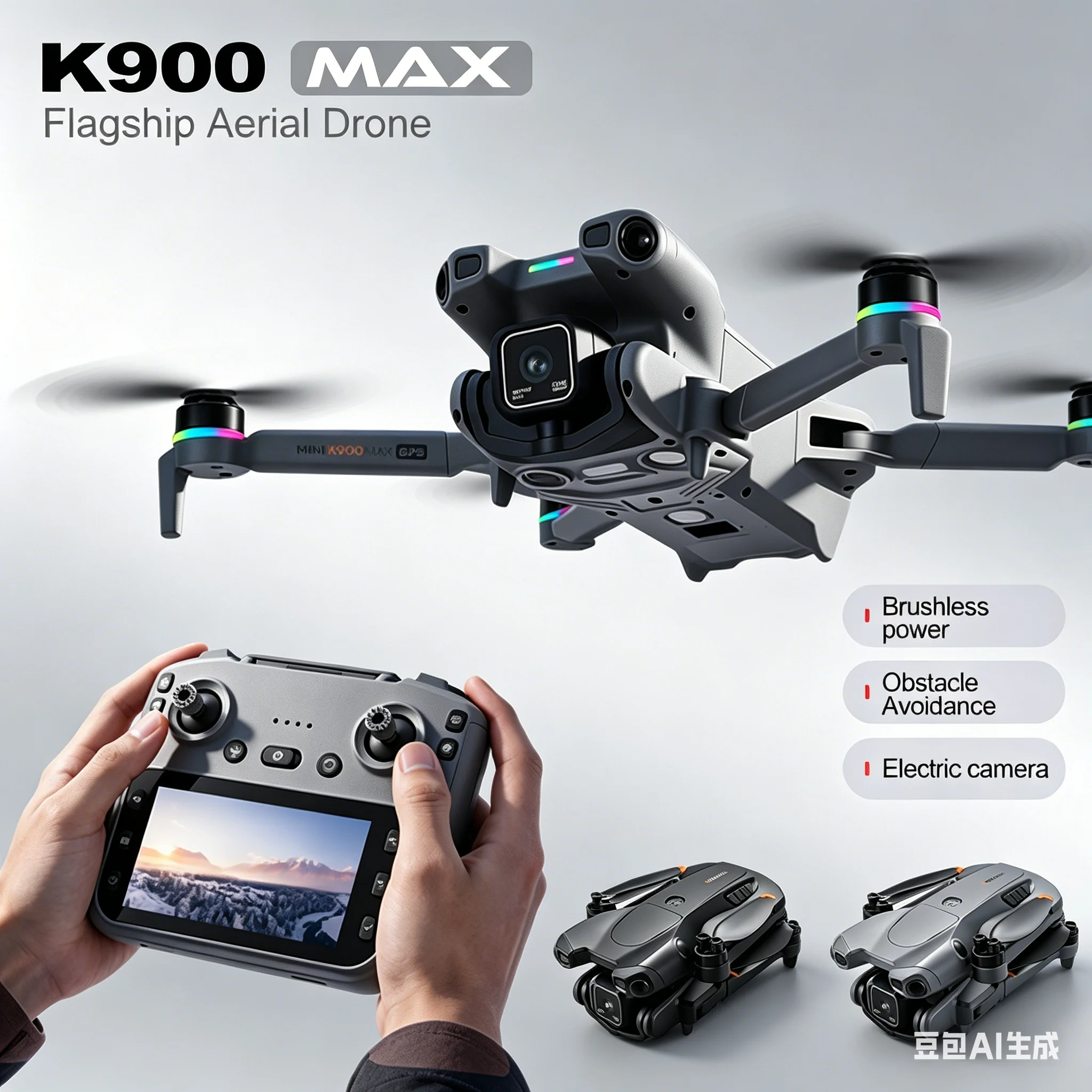 Drone K900 PRO MAX Mini 5 Pro avec caméras doubles 8K HD en vol, capturant une vue aérienne nette.