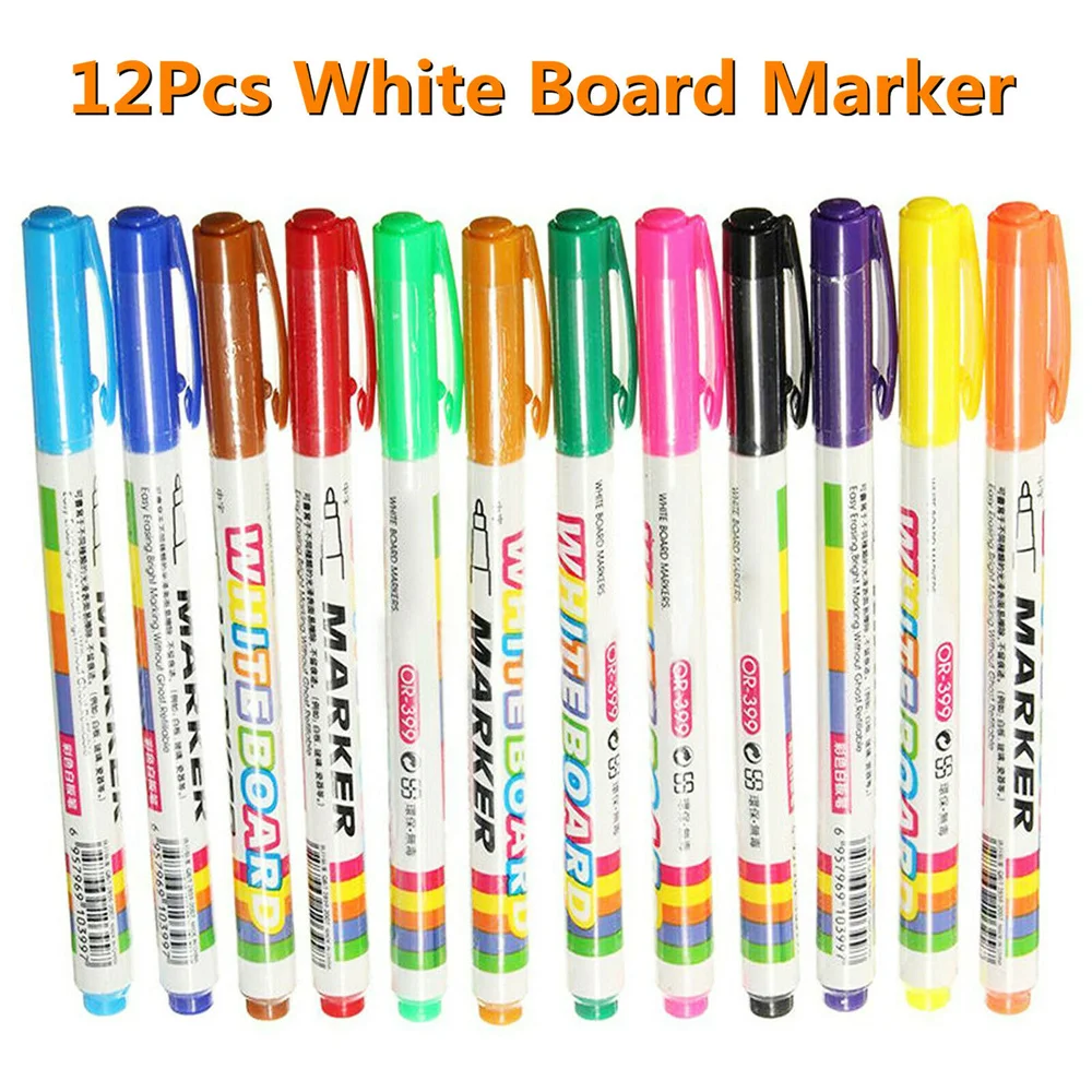 12pcs Mixed Color Watercolor Brush Markers White Board Pens Set Graffiti Art Supplies for Artist Dry Wipe Marker Pen Stationery