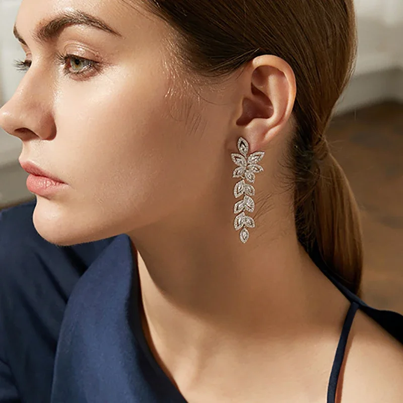 Luxury Flower Leaf Zirconia Women Statement Long Drop Earring drop earrings dangle earrings Wedding Party Bridal Dubai Jewelry Gift