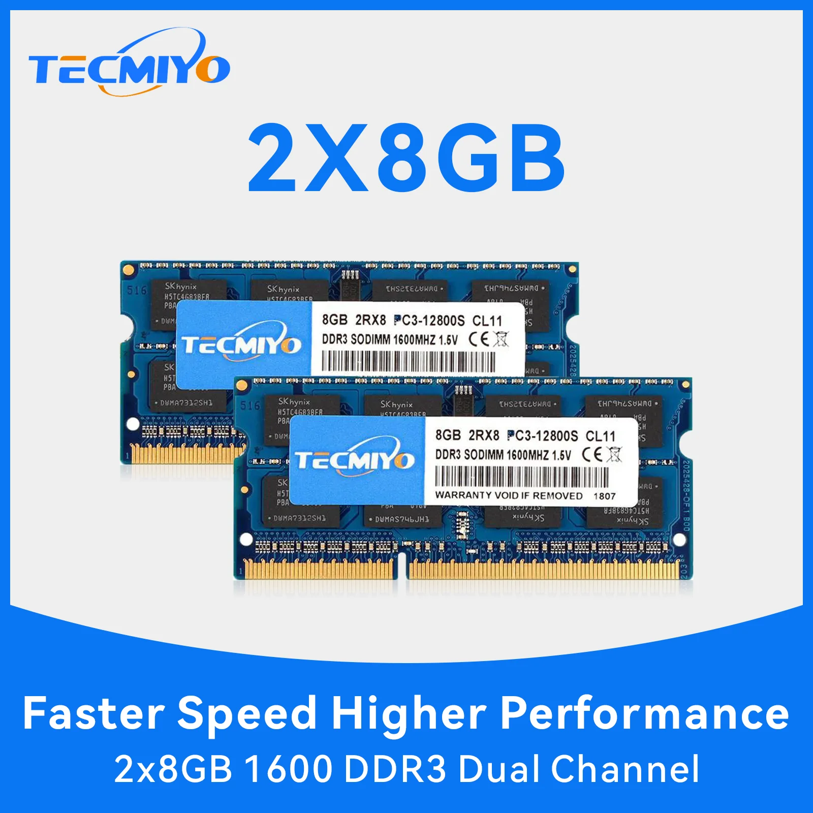 TECMIYO 2X8GB DDR3 1600MHz SODIMM Laptop Memory RAM DDR3 8GB 1600MHz  SODIMM 1.5V PC3-12800S  Non-ECC - Blue