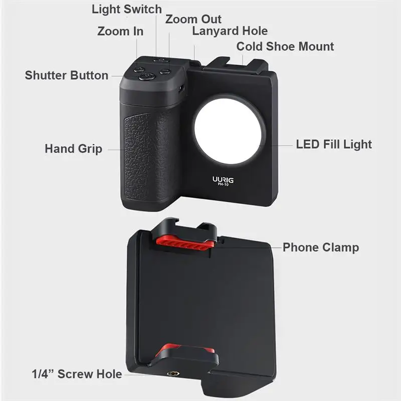 UURIG PH-10 무선 핸들 G 립 폰 거치대 안정기, 스마트폰 브이로그 리모컨, 1/4 인치 LED 조명, i 폰 안드로이드용