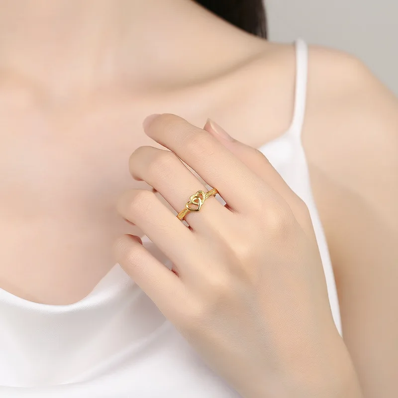 24K Gold AU999 Double Heart Jewelry | Matte hearts with glossy outlines, adjustable opening, versatile for daily wear - 3