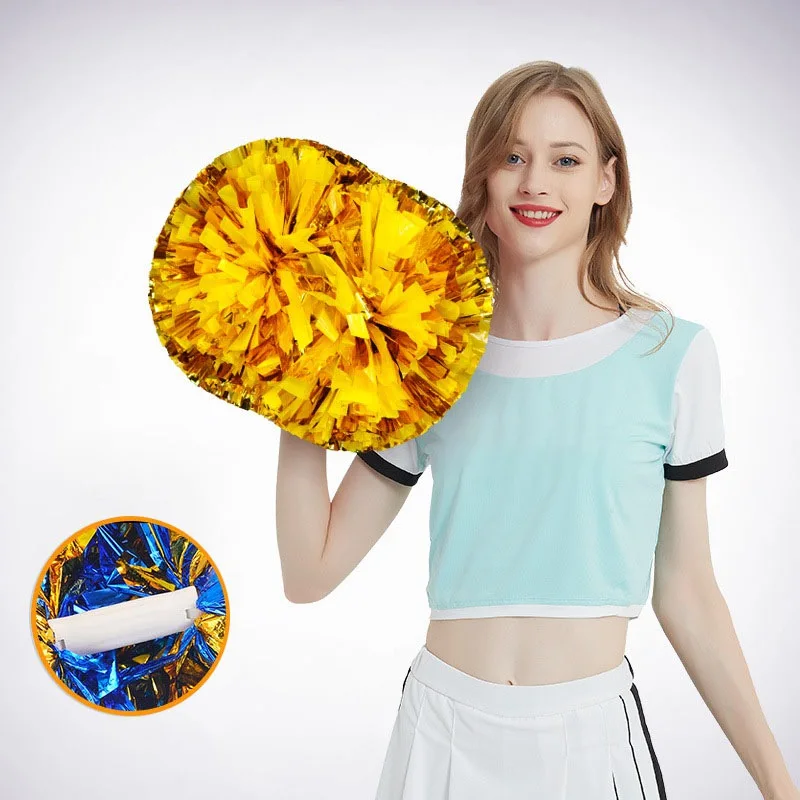 1 Pair Plastic Handle Cheerleader Pom Poms Metallic Shine Streamer Cheerleading Pompom Ball Game Dance Decorator Club Supply