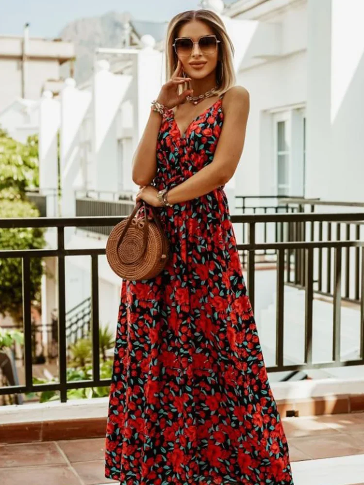 

Dress 2023 Summer Ladies Beach Casual Women's Robes Suspenders Sexy Thin Straps Floral Boho Long Dress Women Midi Dresses Womens