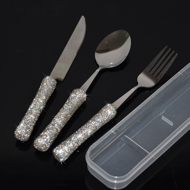 Luxury Spoon Fork Knife Chopsticks Set 304 Stainless Steel Cutlery Tableware Sparkling Diamond