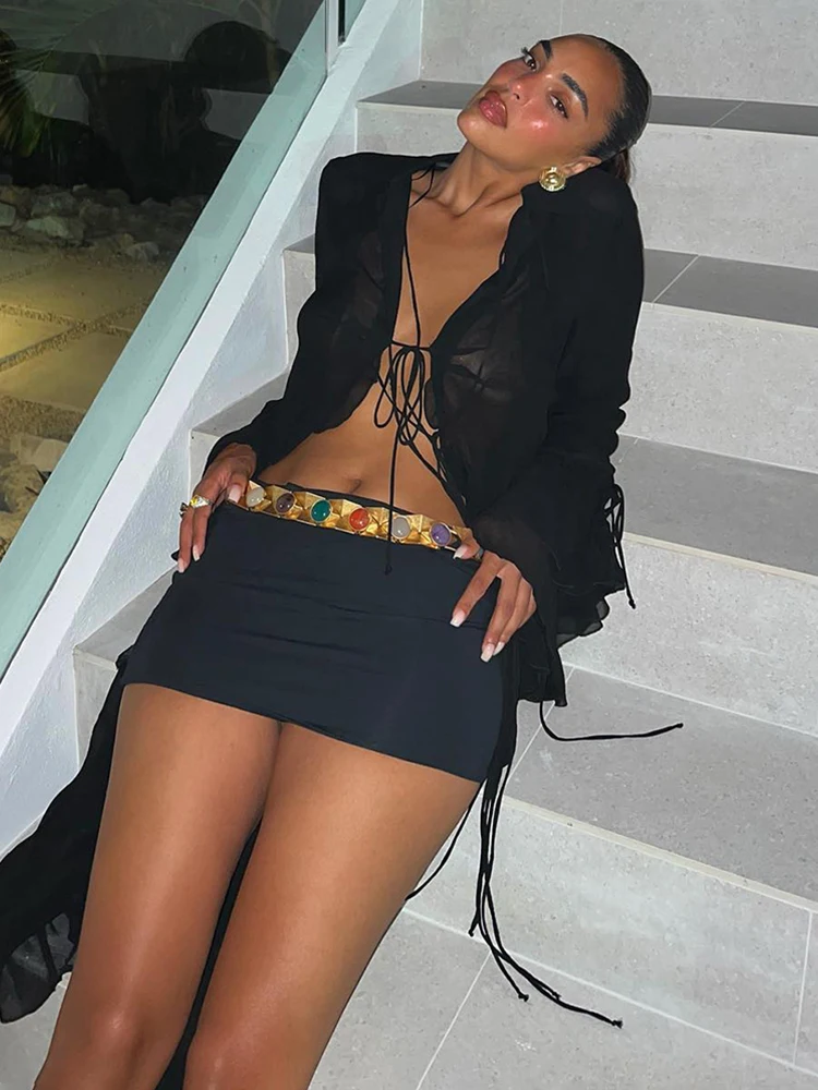 Tops largos de malla para mujer, cárdigan de verano liso con cuello bajo y mangas largas con volantes, abrigo sexy transparente, ropa de tendencia