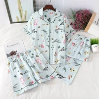 Three-piece Japanese-style pajamas women spring and summer autumn 100% cotton gauze short-sleeved shorts trousers summer suit ho - Image 5