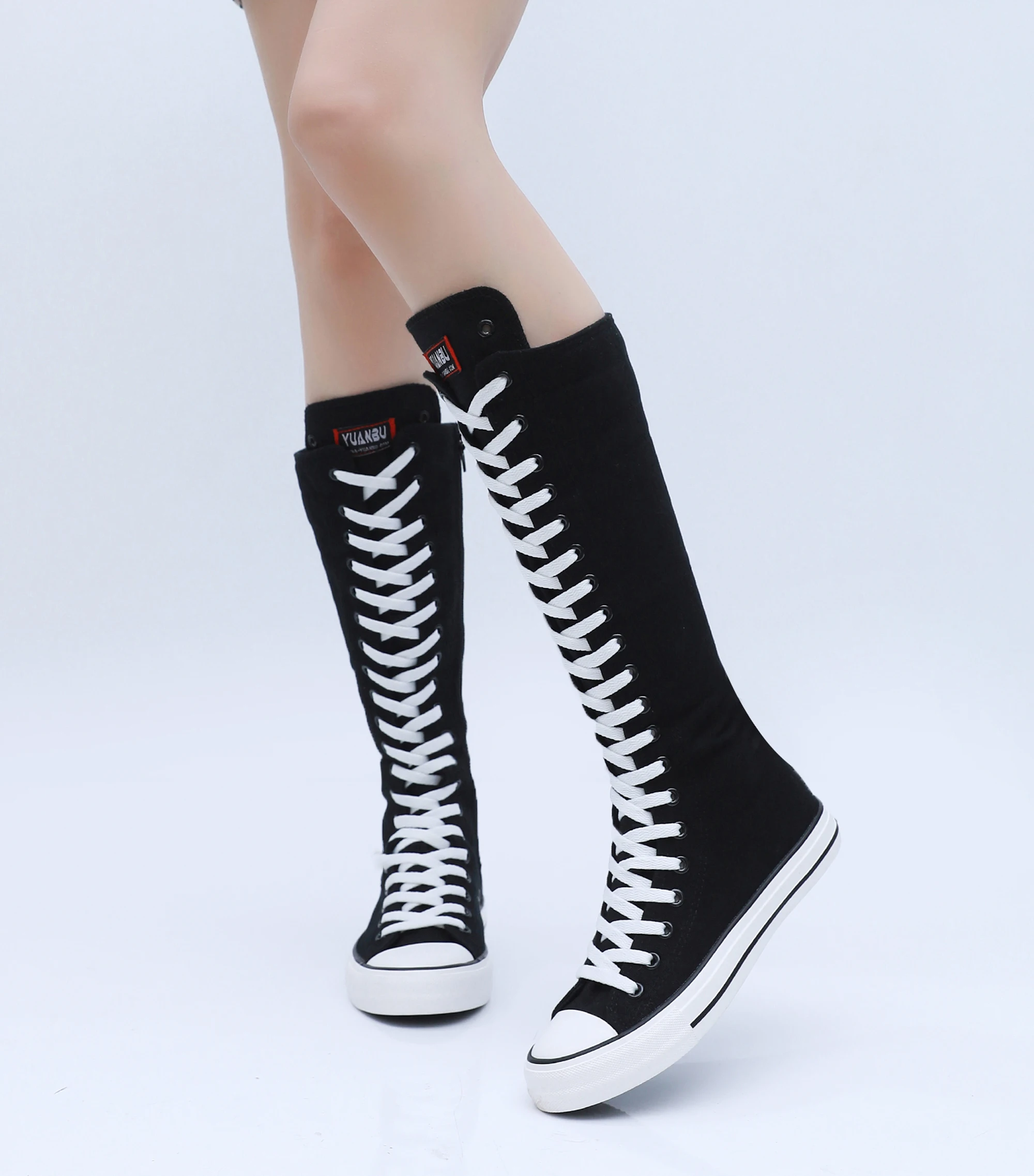 Boots Women Sneakers Canvas Casual High Top Shoes Long Boot Lace-Up Zipper Comfortable Flat Boot Sneakers Tenis Feminino