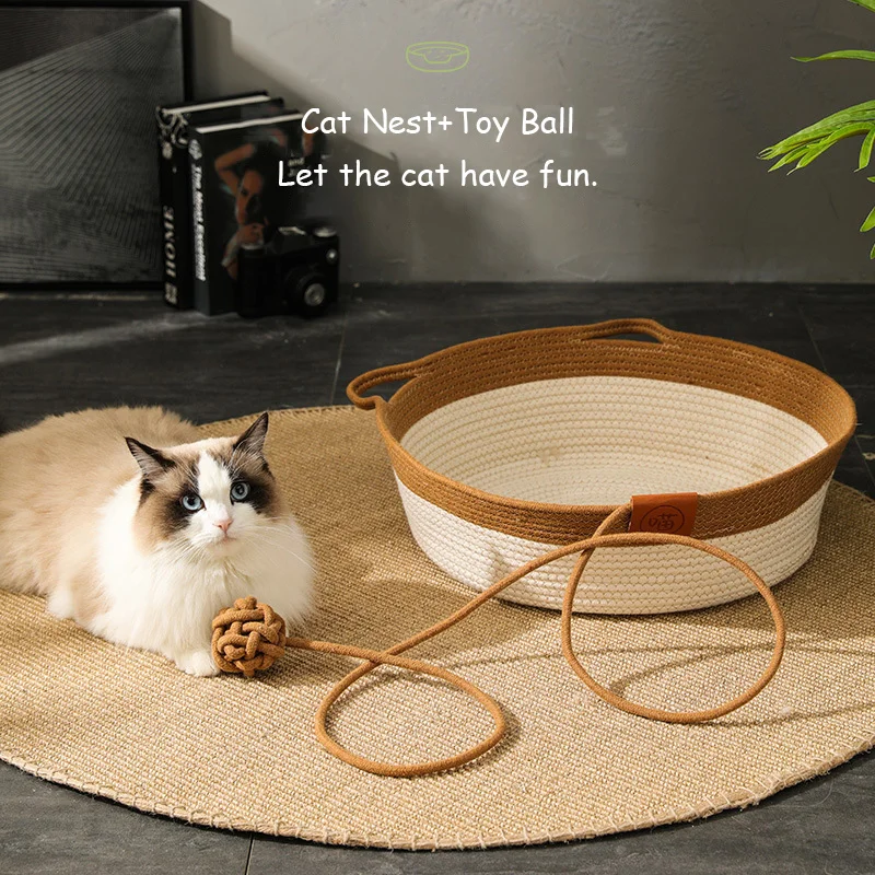 Summer Cane Pet Cat Bed Round Hand-Woven Cat Nest Scratch Resistance Basket Cat Sleep Bag Cat Nest Kennel For Small Dog Cat