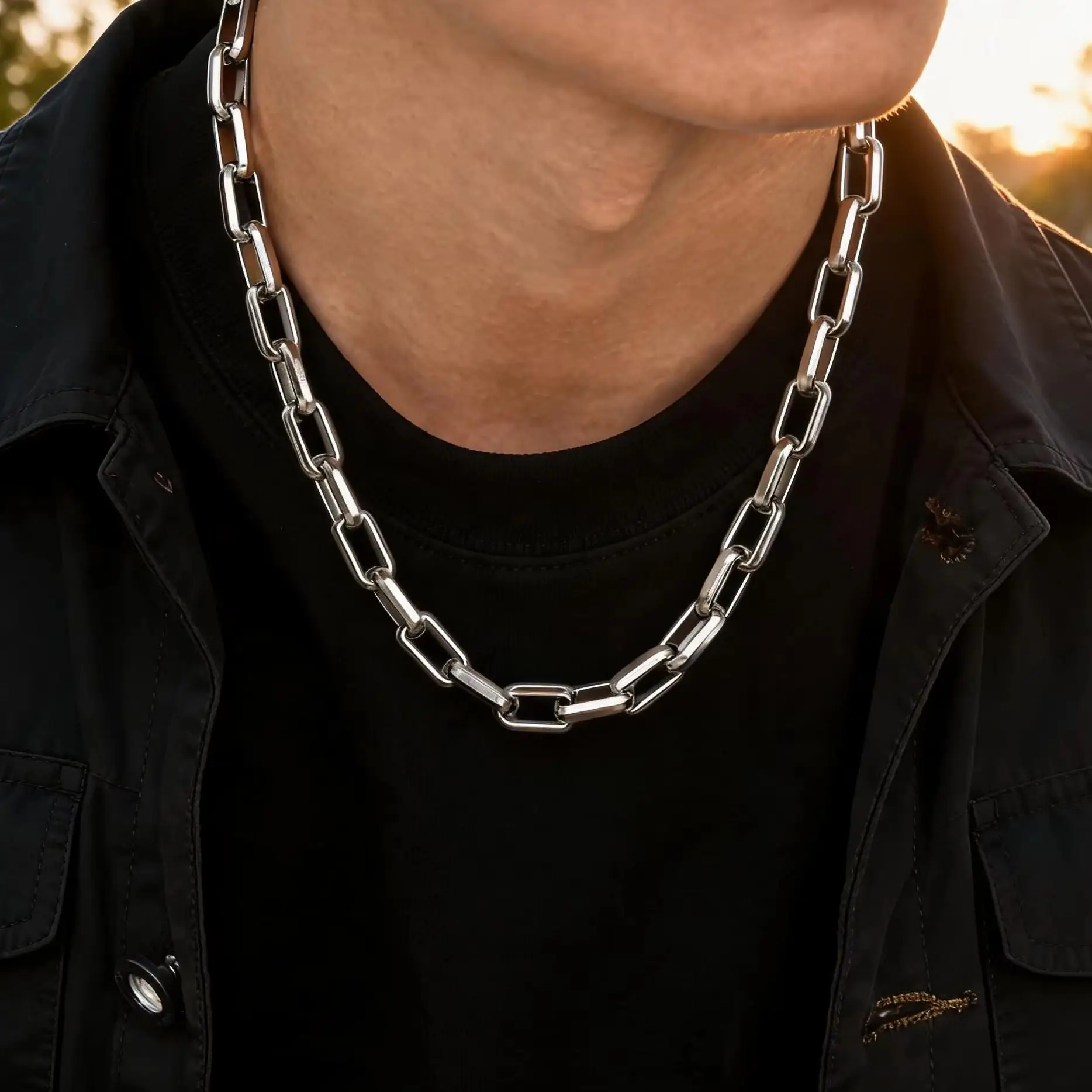 50/55/60 cm kräftige rechteckige Kettenhalsketten für Männer und Jungen, klobiger 9,2 mm quadratischer Edelstahlkragen, coole Rock-Punk-Schmuckgeschenke