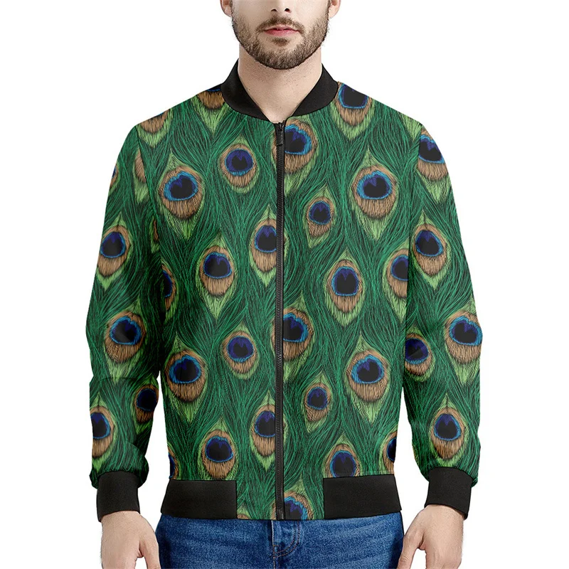 thumbnail image 1 of Chaqueta con cremallera y estampado de plumas de pavo real para hombre, moda floral 3D, mangas largas, informal, holgada, chaqueta, abrigo, ropa de calle, 1 of 5