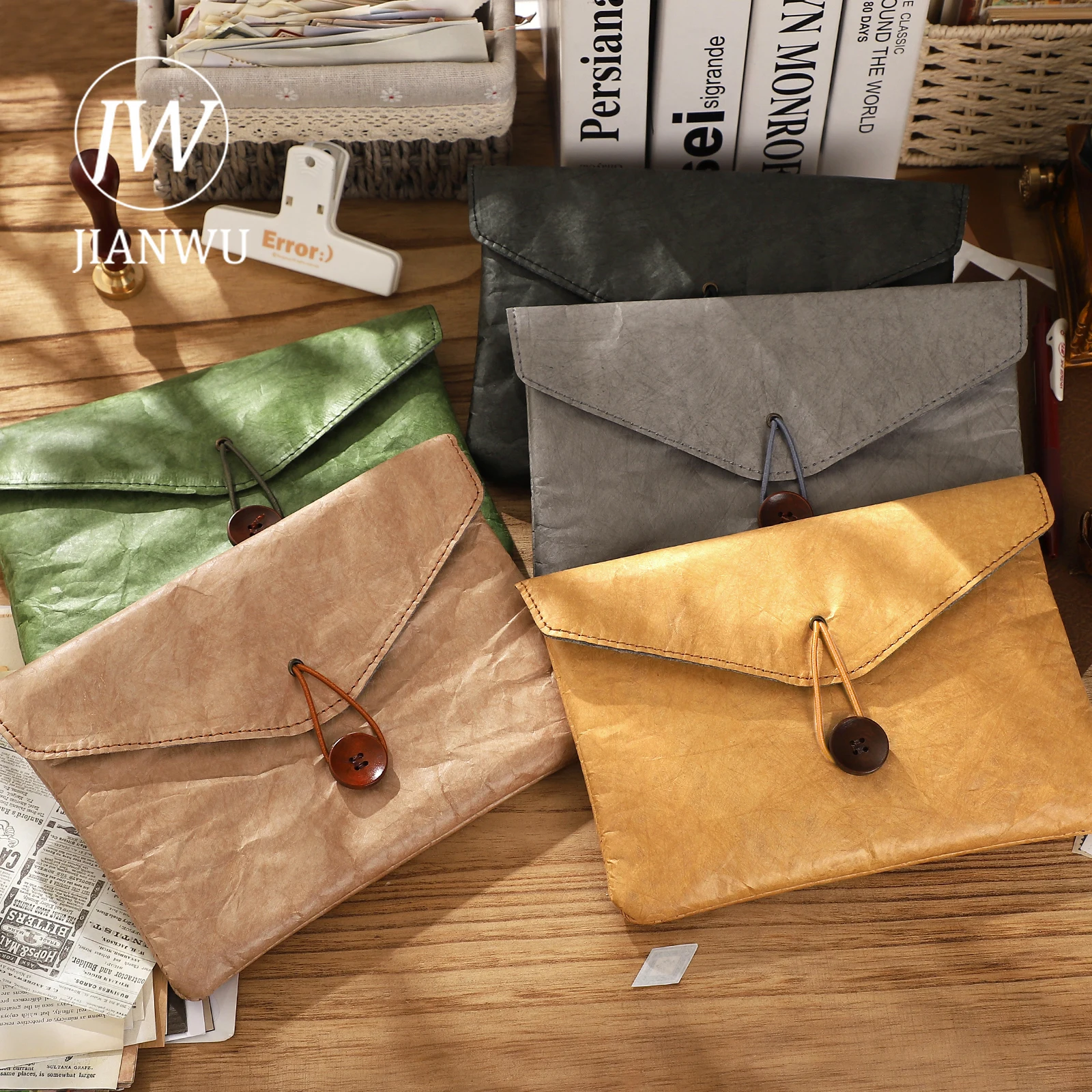 JIANWU Vintage Thin Dupont Paper Waterproof Large Capacity Soft Storage Bag Creative DIY Journal Student Supplies Stationery 4