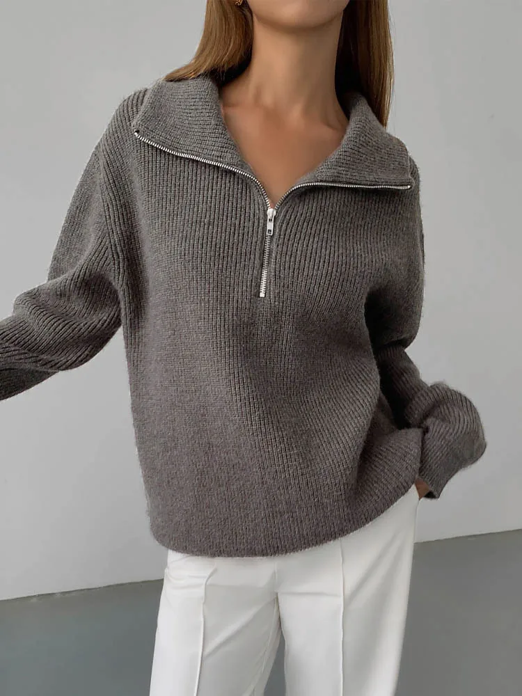 S7e72ca6d796e4dc293c2101210f9fb3cb Winter Women's Turtleneck Knitted Fashion Zippers Sweaters Oversized Solid Gray Black Casual Long Sleeve Pullovers for Women Mallzona