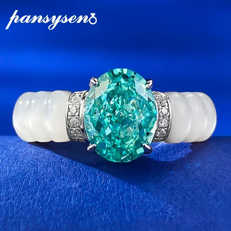 

PANSYSEN 100% 925 Sterling Silver 7*9MM Oval Paraiba Tourmaline Pinctada Albina Rings for Women Anniversary Party Fine Jewelry