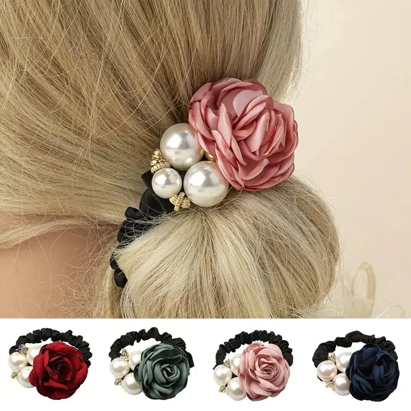 

Pearl Rose Flower Hair Elastics Bands Hair Ties Stretchy Rubber Hairbands Floral Headbands Scrunchies Ponytail Holder