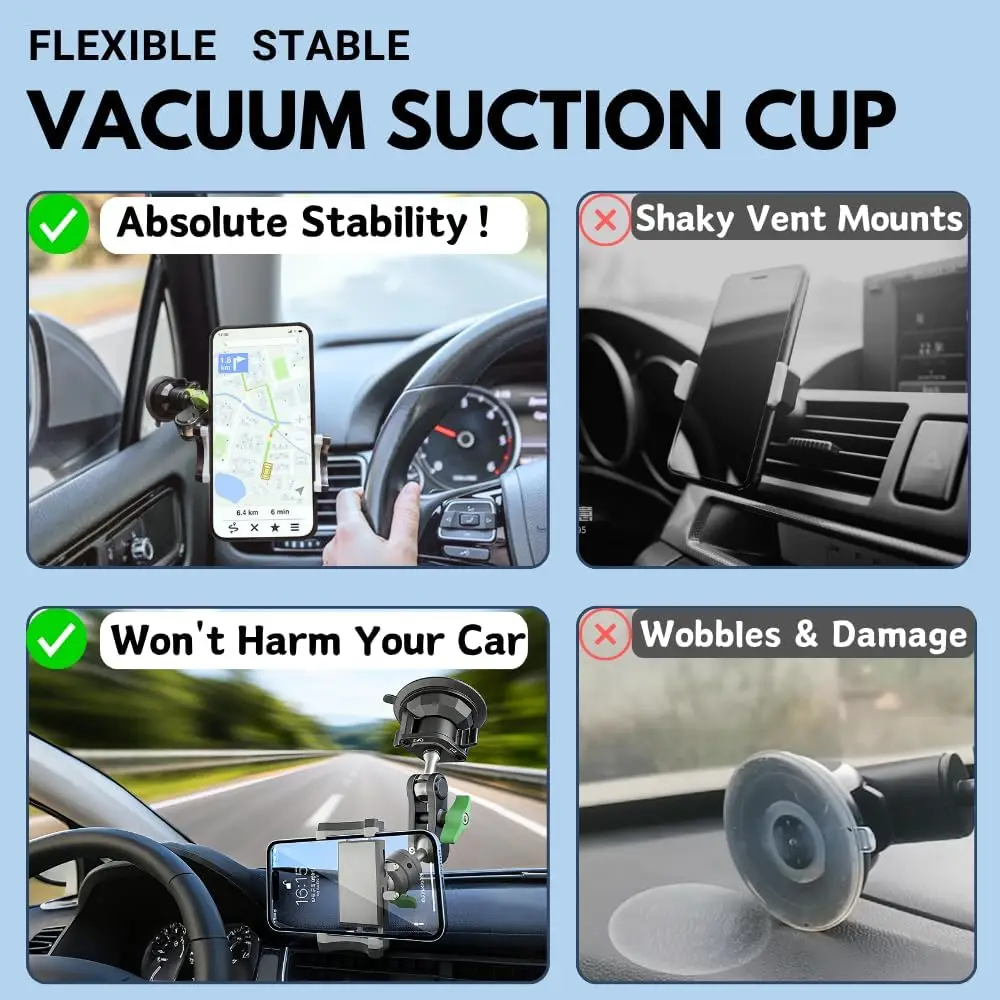 Suction Cup Phone Mount Ultra-Stable 360 Rotation Phone Holder Stand for Vlog Shooting for Windshield Roof Glass Car Window Fit