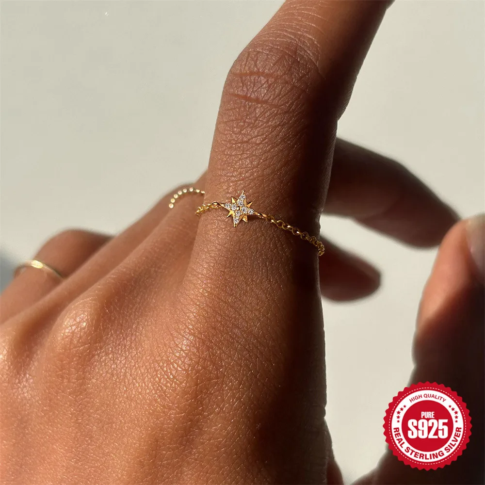 ROXI 925 Sterling Silver Octagonal star/Round/Petal Zircon Charms Finger Rings For Women Adjustable Opening Chain Ring Jewelry