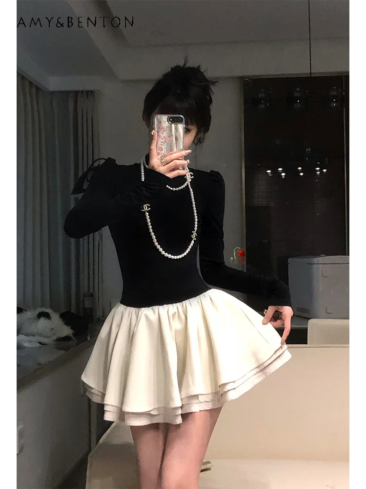 

Fairy Style Sweet Half Turtleneck Mini Knitted Dress Slim Princess Dresses Kawaii Ball Gown Dress Elegant Women Wedding Dresses