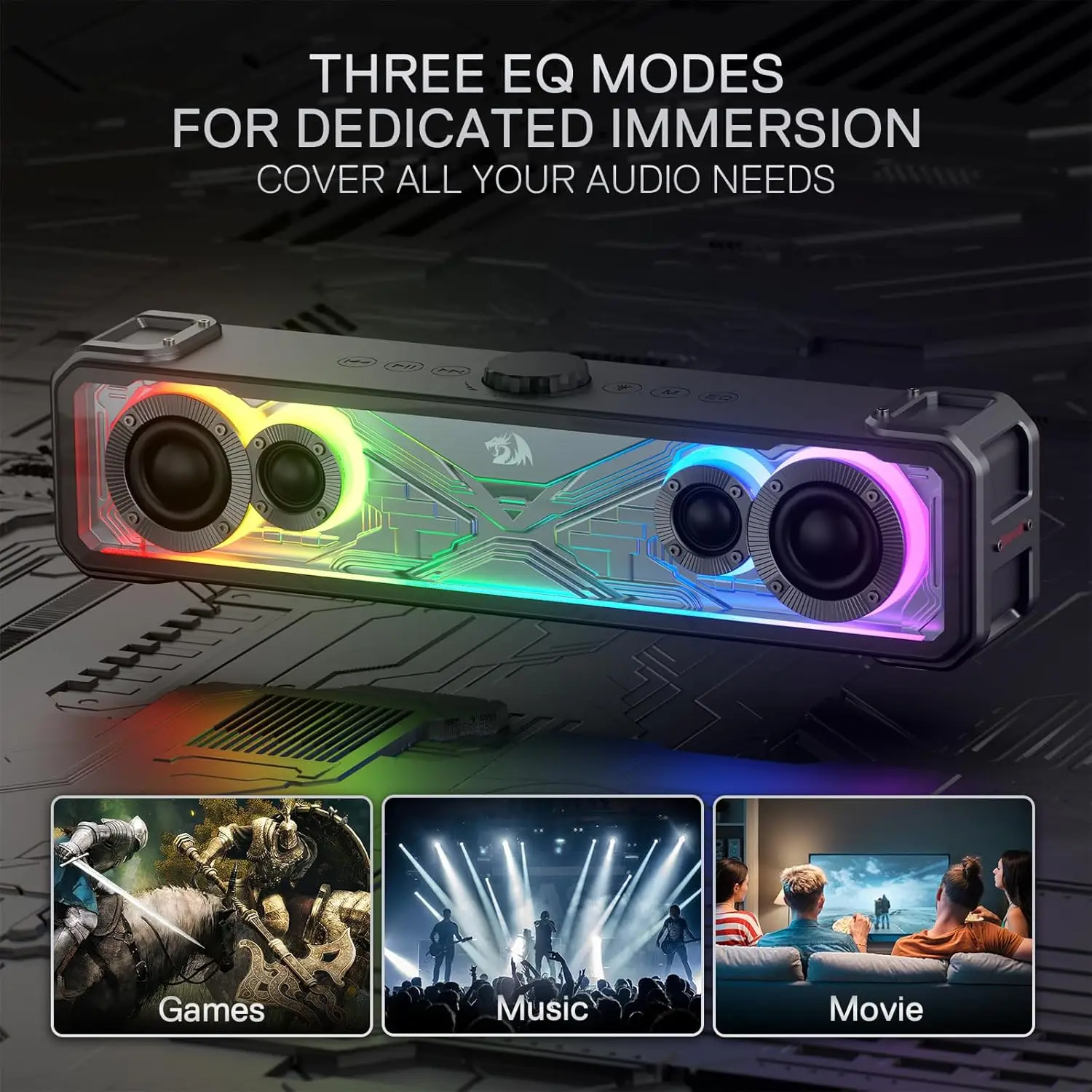 Bluetooth Speaker Mini Bluetooth Speaker Redragon GS817 RGB 2.0 Channel Stereo Speakers Touch-Control Bluetooth 5.3 & 3.5mm AUX Inputs Desktop Soundbar Black