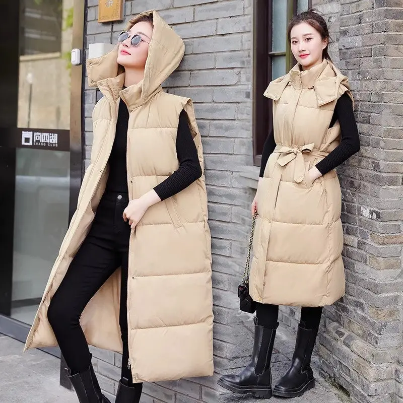 

Casual Warm Waistcoat Women's Jacket 2023 Autumn/Winter New Detachable Hat Mid Length Sashes Down Cotton Vest Coat Parka Z2756