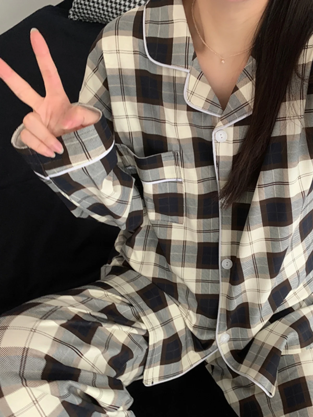 Sport Plaid Patchwork Long Sve Set Women's Casual Sportswear Polyester Fabric Zipper Closure Long Pants Two-Piece Set main image 1