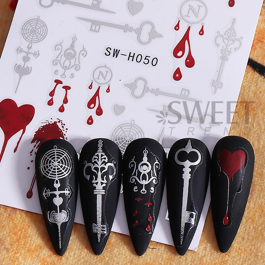 2pcs Gothic Nail Art Stickers Metallic Silver Key Love Blood Droplet Design Self-Adhesive Nail Decals DIY Manicure Decoration
