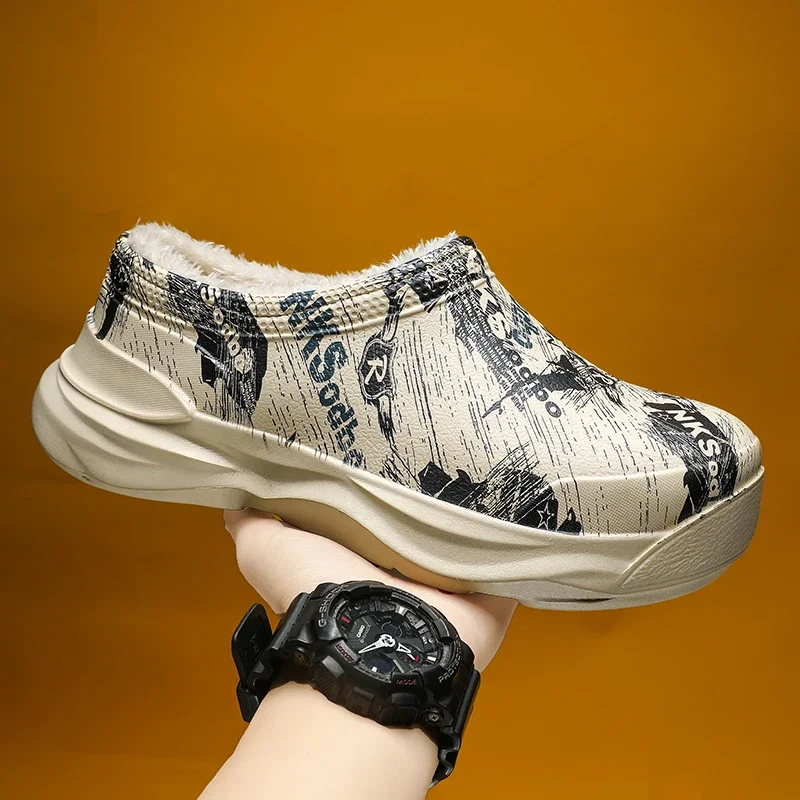 

Мужские сабо из эва, теплые зимние сабо из хлопка, без застежек, с принтом, водонепроницаемая плюшевая подкладка, для дома и улицы