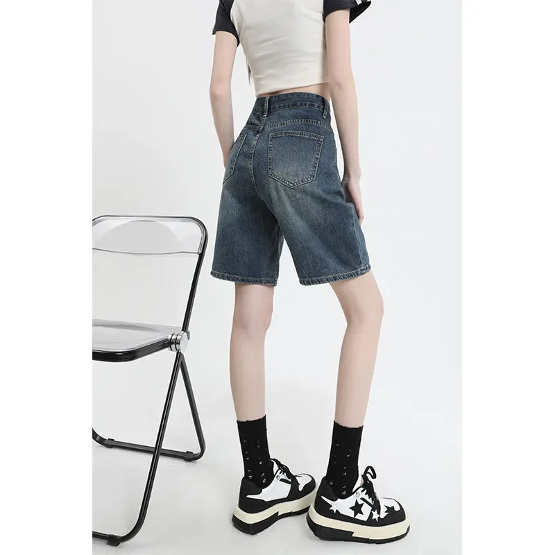 New High-waisted Medium-length Denim Shorts Women Summer Korean Fashion Streetwear Dark Blue Pants in Baggy Jeans Women Clothing