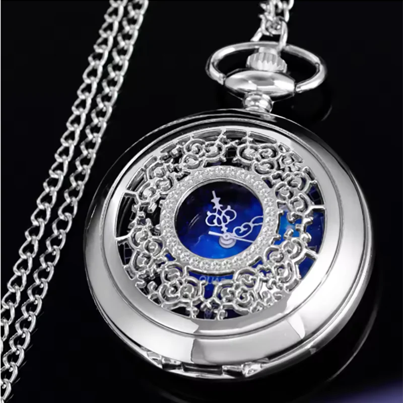 Pocket Watch Hollow Blue Starry Sky Dial Roman Numerals Quartz with Necklace