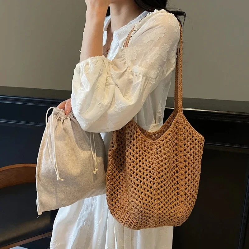 2-IN-1 Luxury Summer Beach Tote Bag for Women Casual Lady Hollow-out Shoulder Bag Large Capacity Underarm Bags Female Handbag