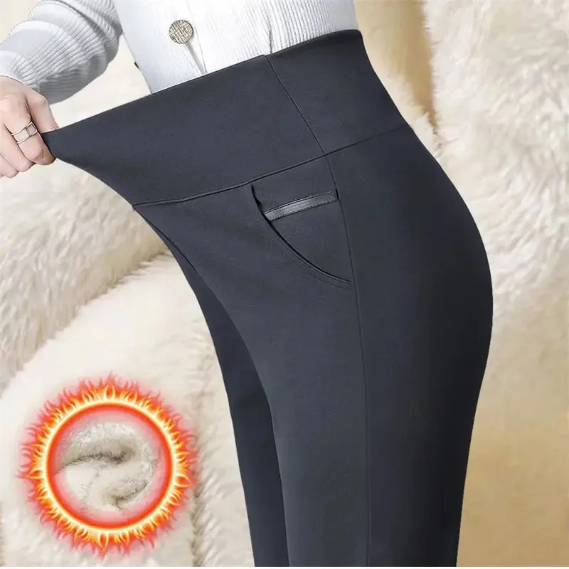 Fleece Pencil Pant Women's Pants Leggings High Waist Elegance Korean Style Solid Skinny Slim Warm Stretch Office Lady Trousers