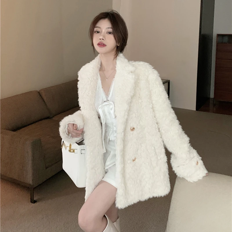 Mid Length Faux Fur Coat for Women, Thick and Warm Outwear, Loose Lapel, Long Sleeve, Casual Fashion, Korean Style, Winter, 2024