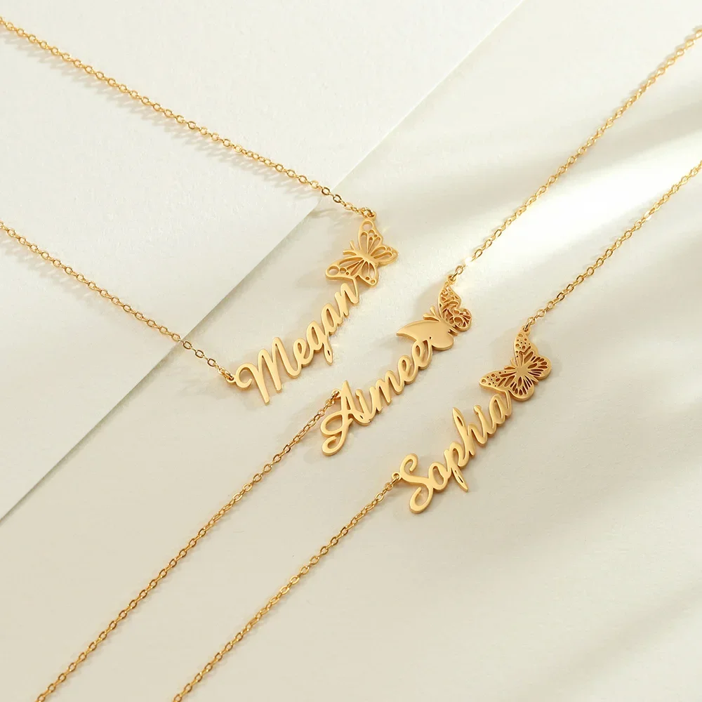 Custom Butterfly Name Necklaces for Women Waterproof Stainless Steel Customized Pendant Chain Personalized Jewelry Birthday Gift