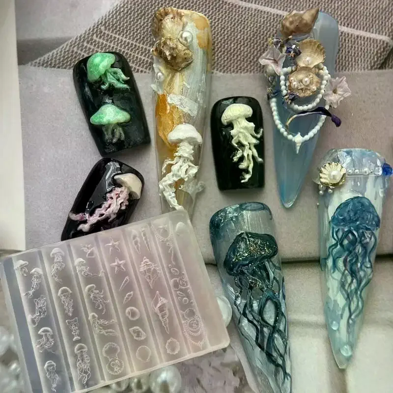 1pc Ocean Series 3D Silicone Nail Mold Jellyfish Starfish Carving Templates, DIY Manicure Design Tool for UV Gel Nail Art Decor