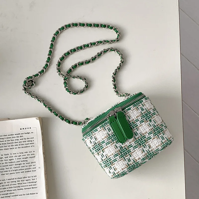 Fashion Plaid Woolen Fabric Handbag Women\'s Designer Chain Bag High Grade Foreign Style Crossbody Bag Popular Small Square Bag