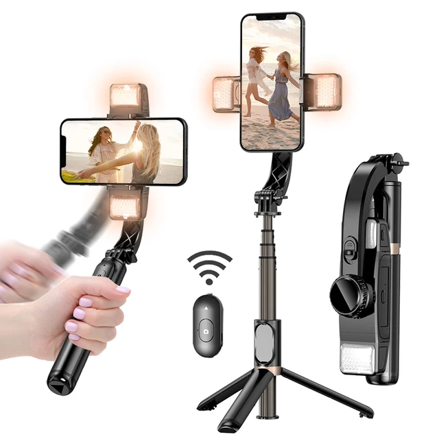 Q08d Gimbal Stabilizer with Selfie Stick for iPhone can rotate dual lights Portable Handheld Gimble with Tripod & Remote