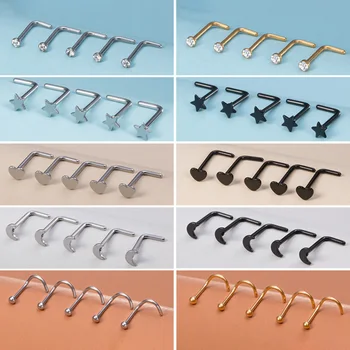 스테인레스 스틸 L 모양 코 스터드, 크리스탈 스트레이트 코 링 세트, 20G, 콧구멍 고리 귀걸이, 피어싱 나리즈 핀 바디 쥬얼리, 5 개