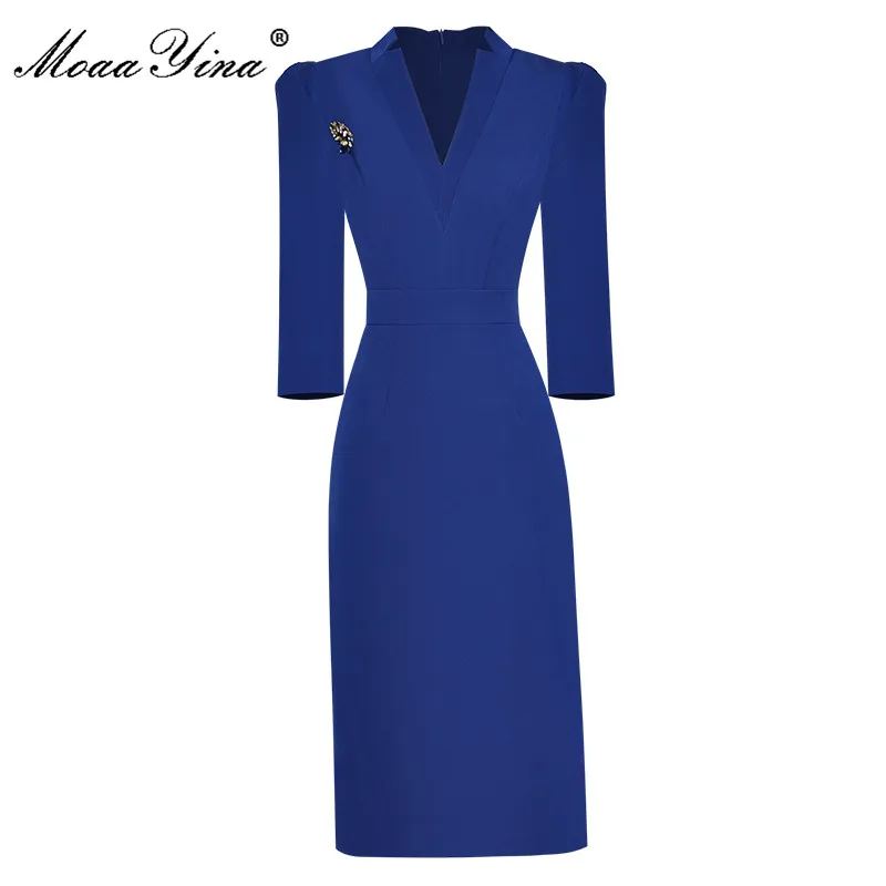 

MoaaYina Fashion Runway dress Spring Women Dress V-neck Collar 3/4 Sleeve Beading Slim Lady Office Blue Split Dresses
