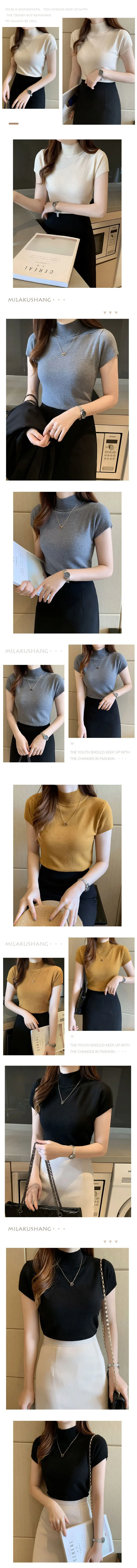 Blusas y tops de mujer Blusa de manga corta de verano para mujer Blusas de mujer de moda Blusa de punto de cuello alto Tops de camisa