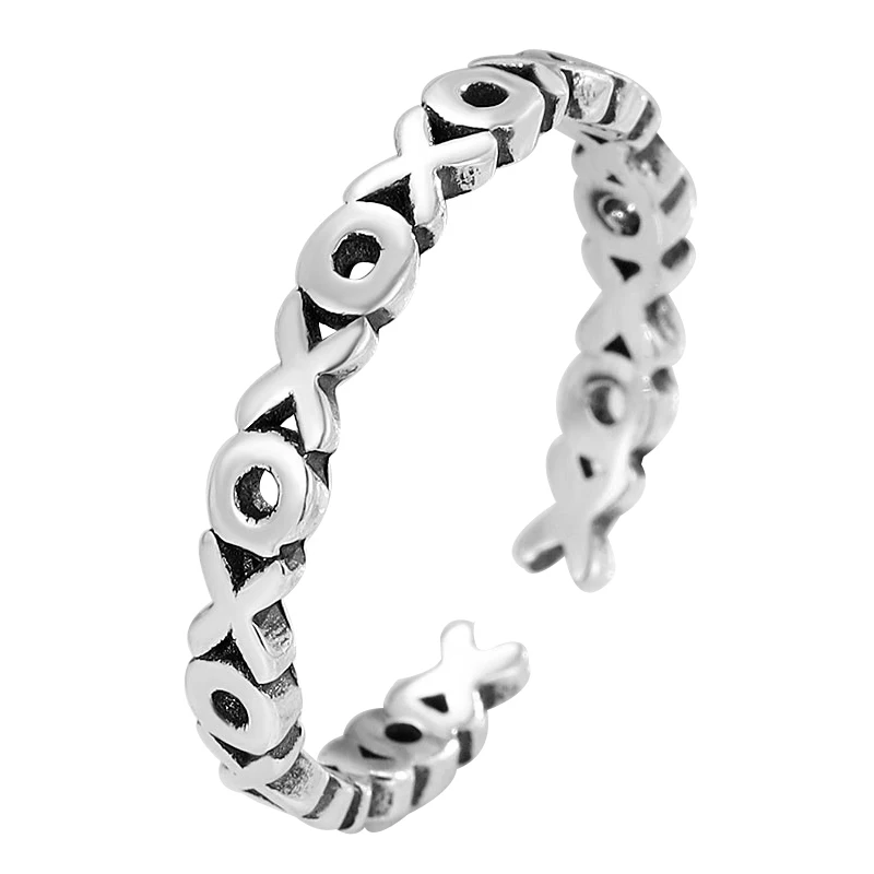 

S925 Sterling Silver Temperament retro XO ring personality simple women's opening ring jewelry